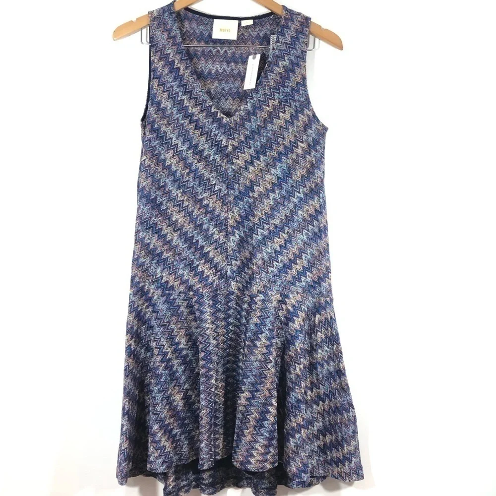 Maeve Anthropologie Blue Chevron Knit Dress S